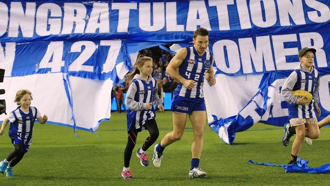 Brent Harvey breaks the VFL-AFL games record. Picture: Wayne Ludbey