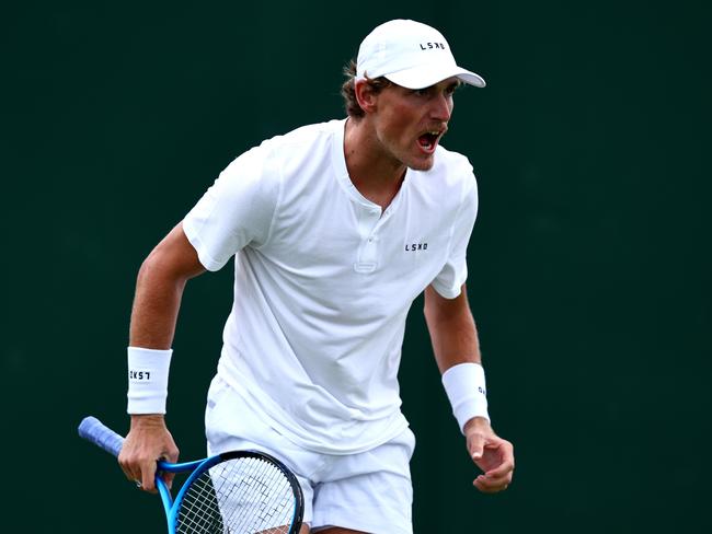 LONDON, ENGLAND - JULY 01: Max Purcell of Australia reacts as he plays against Otto Virtanen of Finland in his Gentlemen's Singles first round match during day one of The Championships Wimbledon 2024 at All England Lawn Tennis and Croquet Club on July 01, 2024 in London, England. (Photo by Francois Nel/Getty Images)