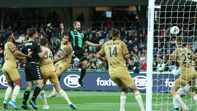 Andrew Durante of Western United, upper centre, scores with a header during the round-5 A-League match against Western Sydney Wanderers in Geelong. Picture: Getty Images