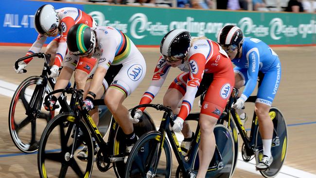 Anna Meares (centre) racing the keirin at the Australian championships.