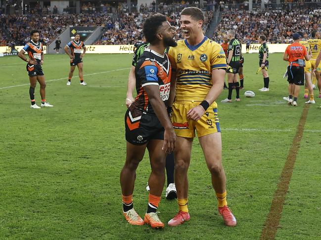 SYDNEY, AUSTRALIA - APRIL 21:  Sunia Turuva of the Wests Tigers and Sean Russell of the Eels have words as Turuva is sent to the sin-bin during the round seven NRL match between the Wests Tigers and Parramatta Eels at CommBank Stadium on April 21, 2025, in Sydney, Australia. (Photo by Darrian Traynor/Getty Images)