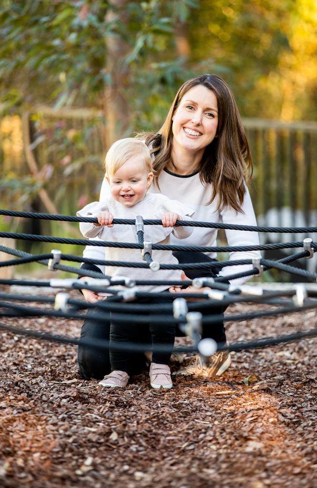 Jessica Kidd, pictured with her two-year-old daughter Neve, was diagnosed with bowel cancer at the age of 33. Picture: Ryan Osland