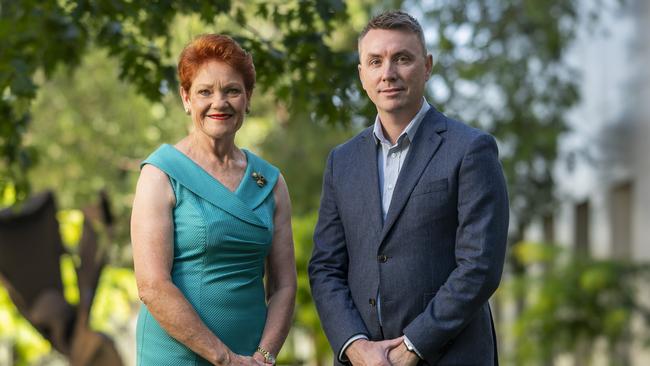 Pauline Hanson and James Ashby, who has turned his back on Canberra to run as One Nation’s candidate for the Queensland seat of Keppel. Picture: NCA NewsWire / Martin Ollman