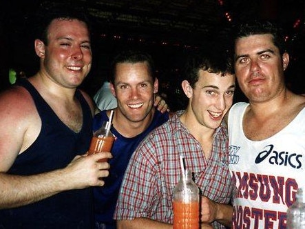 Coogee Dolphins (L-R) Adam Howard, Josh Iliffe, Gerard Yeo and Patrick Byrne at the Sari Club, Bali. Patrick Byrne was the only survivor of the four from the bomb attack, leaving the club minutes before the blast. Picture: Supplied