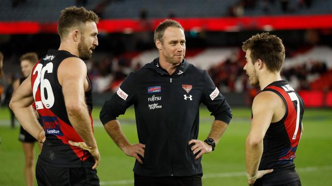 Cale Hooker, Ben Rutten and Zach Merrett speak after downing the Dockers. Picture: Michael Willson/AFL Photos