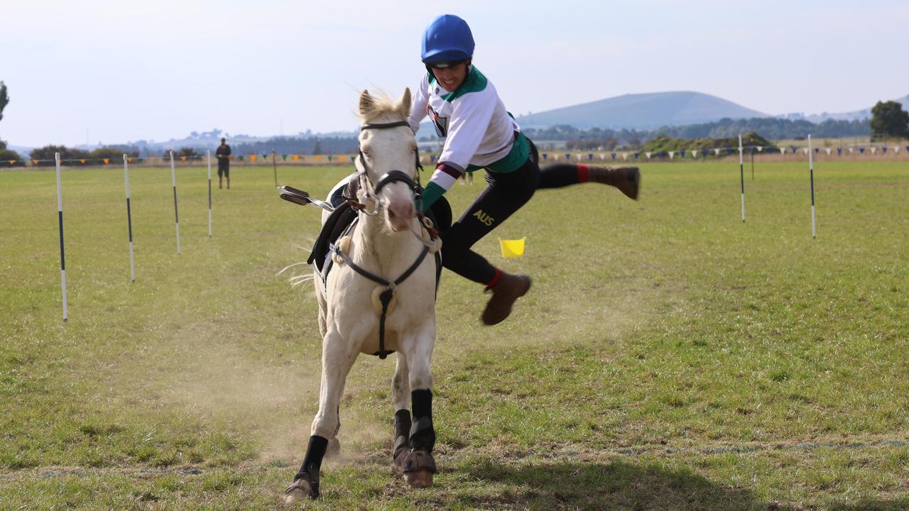 Gabe riding Blu at Australian Mounted Games Individual Championships. Picture: Frank Gasparre