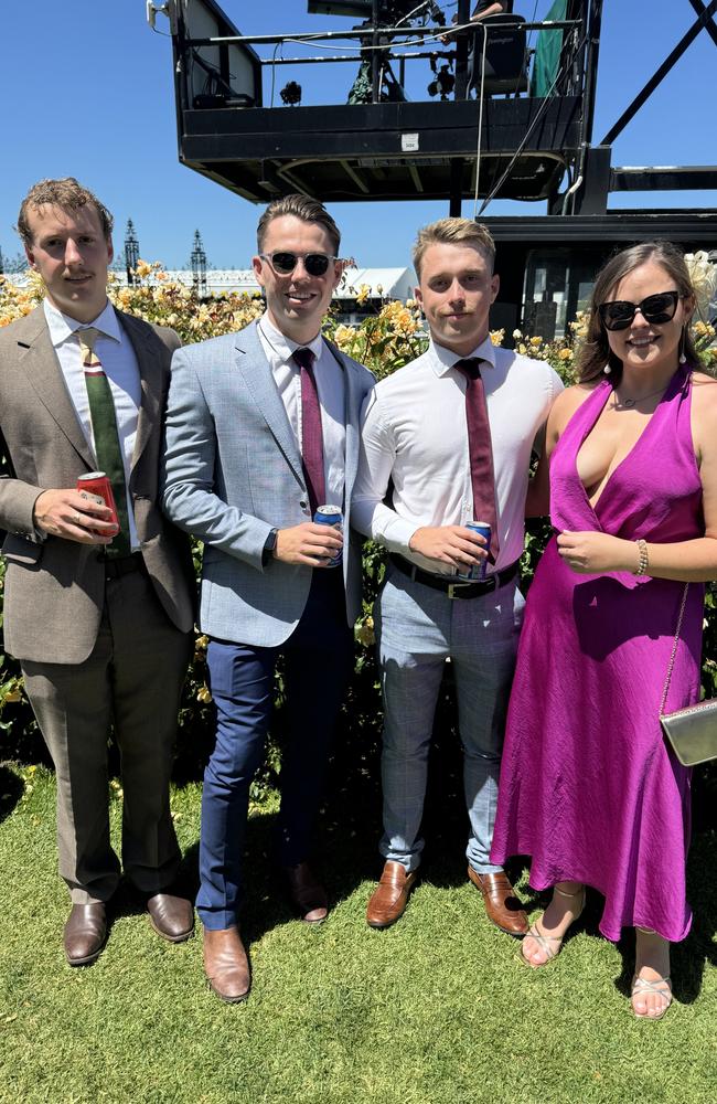 Ben Spark, Nick Powys, Tyler Uglow and Isabella Hillyer at the Melbourne Cup at Flemington Racecourse on November 5, 2024. Picture: Phillippa Butt