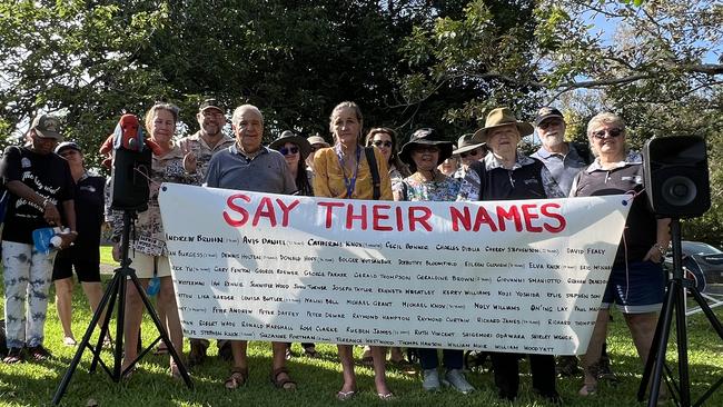 A group of Cyclone Tracy survivors opted to protest the City of Darwin’s commemorative event. Picture: Harry Brill.