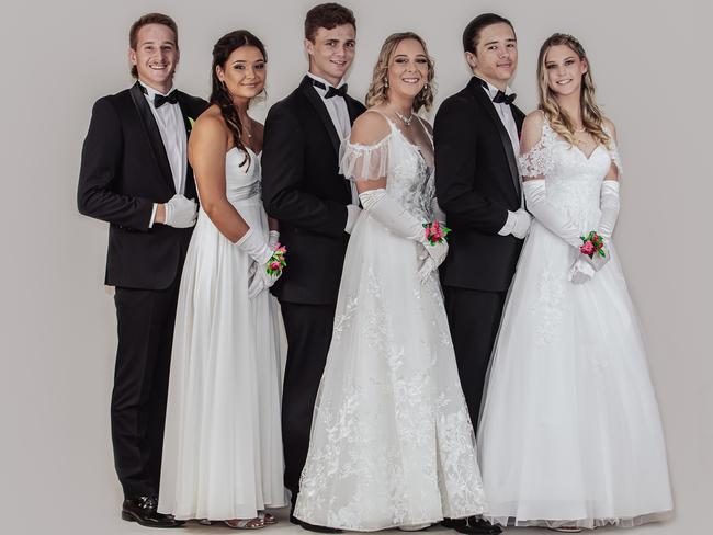 Moranbah Debutante Ball 2022 (from left) Kaileb Knight, Zoe Peterson, Aiden Harris, Shayla Campbell, Dylan Evans, Paige Pomeroy. Picture: Contributed