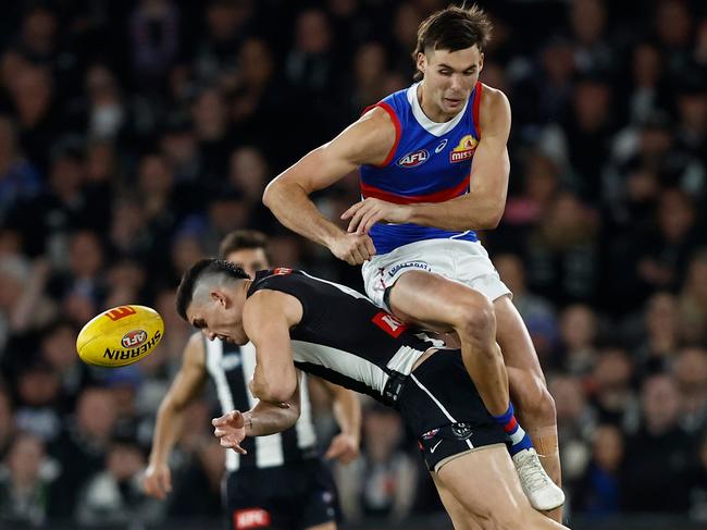 Sam Darcy’s collision with Brayden Maynard. (Photo by Michael Willson/AFL Photos via Getty Images)