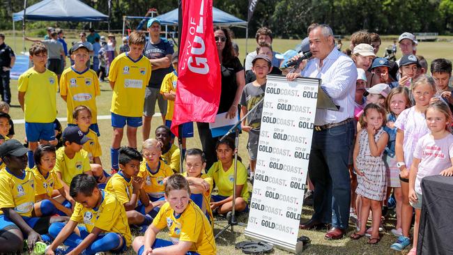 Gold Coast Mayor Tom Tate, surrounded by kids at the opening of the $10m expansion at Coplicks Family Sports Park in Tallebudgera. Picture: Tim Marsden