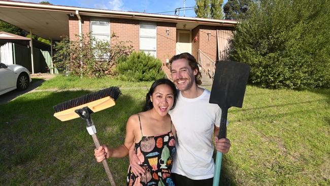 Troy Swannie, 31, pictured with partner Linna Trinh, has bought his first home in Broadmeadows. Picture: Rob Leeson