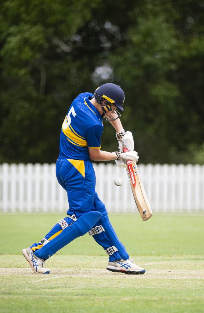 Oliver Lockwood bats for Toowoomba Grammar School (TGS) against Brisbane Boys College (BBC) in round 1 GPS Competition 1st cricket at Mills Oval, TGS, Saturday, February 1, 2025. Picture: Kevin Farmer