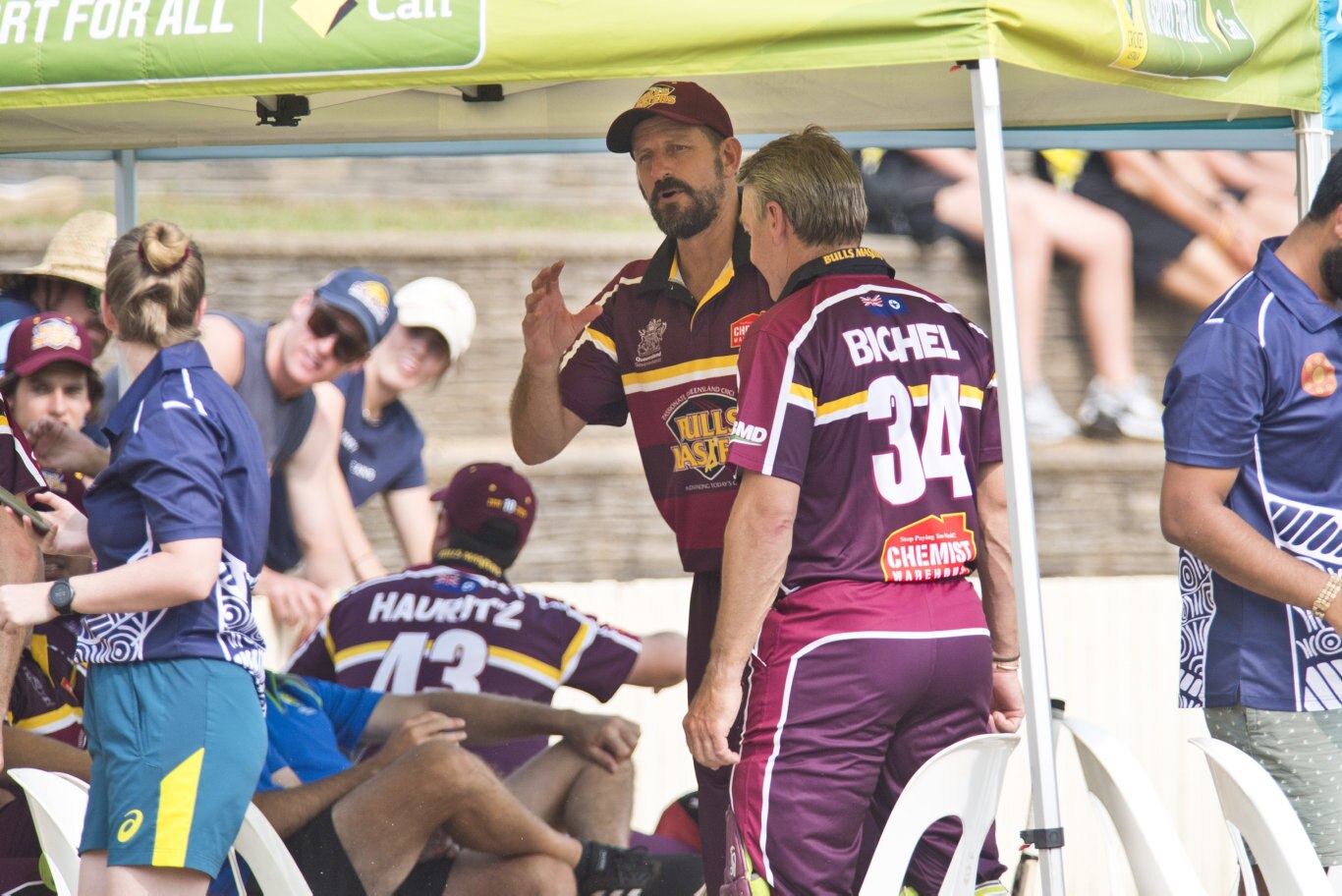 Bulls Masters players including Michael Kasprowicz and Andy Bichel during the game against the Australian Country XI in Australian Country Cricket Championships exhibition match at Heritage Oval, Sunday, January 5, 2020. Picture: Kevin Farmer