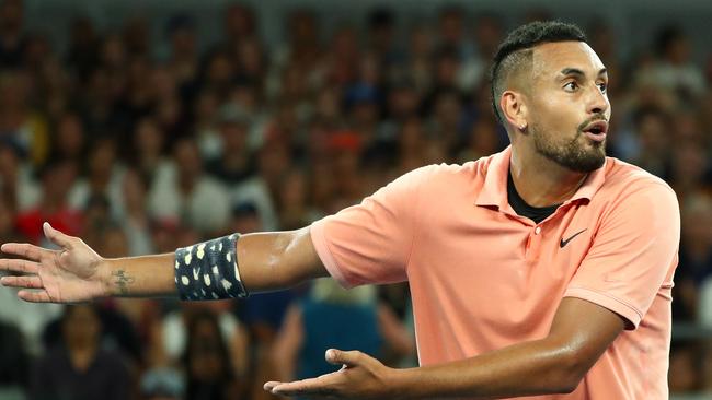 Kyrgios argues with the chair umpire during his Men's Singles third round match against Karen Khachanov of Russia on day six of the 2020 Australian Open Photo by Mike Owen/Getty Images.