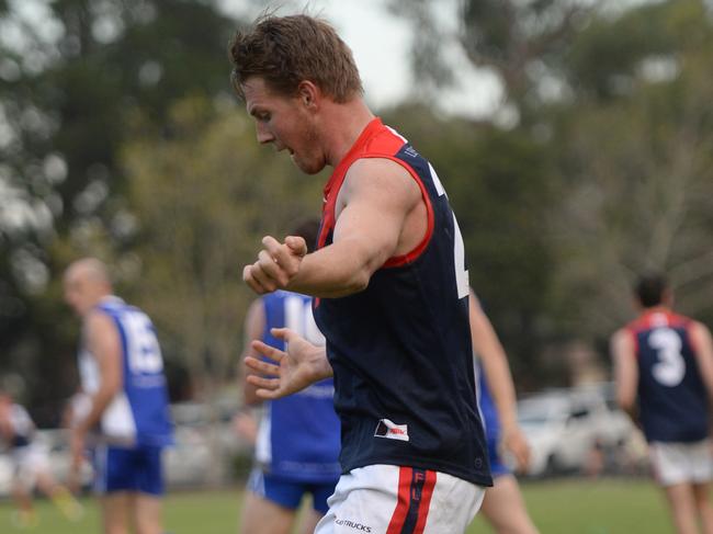 EFL Division 1 football: East Ringwood v Montrose at East Ringwood Reserve. Montrose player Sam Gibson made a successful comeback after treatment for leukaemia with the demons getting up for an emotional win. Picture:AAP/ Chris Eastman