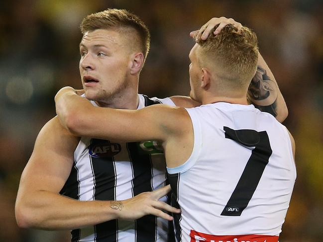 AFL Round 2. 28/03/2019. Richmond v Collingwood at the MCG.   Collingwoods Jordan De Goey  is congratulated by teammate Adam Treloar   after kicking a 3rd qtr goal   . Pic: Michael Klein.