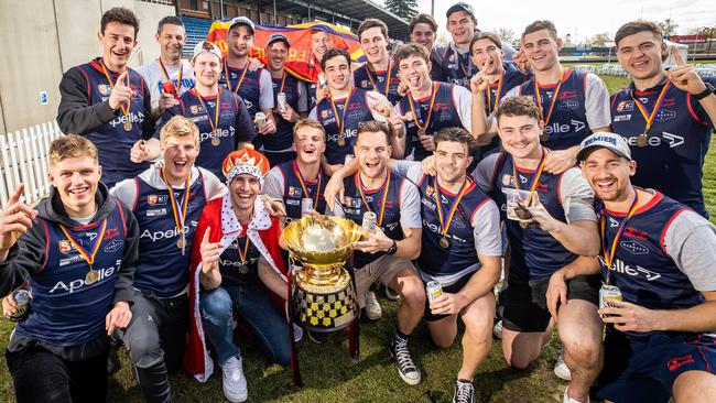 Norwood players celebrating their 2022 SANFL Premiership at the Parade in Norwood. Picture: Tom Huntley