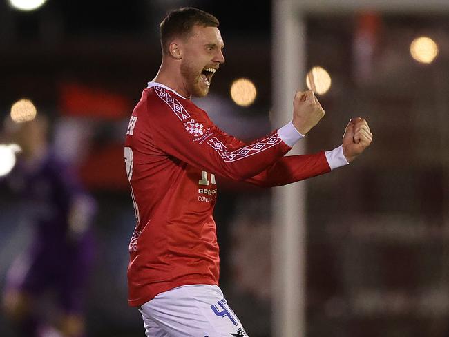 MELBOURNE, AUSTRALIA - SEPTEMBER 14: Lars Kinnander of the Knights celebrates after the Knights defeated Heidelberg United during the Australia Cup 2023 Quarter Final match between Melbourne Knights FC and Heidelberg United FC at Knights Stadium, on September 14, 2023 in Melbourne, Australia. (Photo by Robert Cianflone/Getty Images)