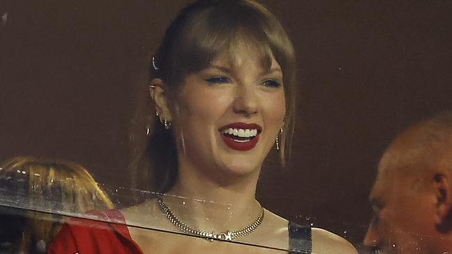 KANSAS CITY, MISSOURI - OCTOBER 12: Taylor Swift looks on before the game between the Kansas City Chiefs and the Denver Broncos at GEHA Field at Arrowhead Stadium on October 12, 2023 in Kansas City, Missouri. (Photo by David Eulitt/Getty Images)