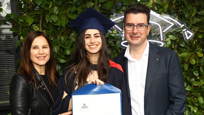 Cathy Siompoulos and her daughter Emily Siompoulos and dad Tom Siompoulos at the Deakin University Graduation post ceremony celebration. Picture: Alison Wynd
