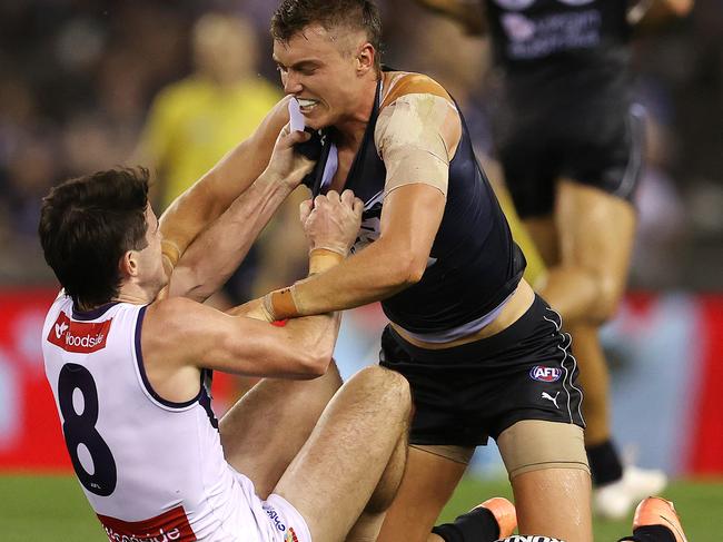 Andrew Brayshaw came in for some treatment from Patrick Cripps and the Blues. Picture: Michael Klein