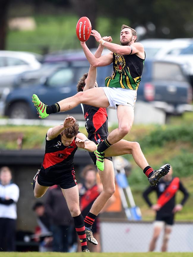 Dromana's Beau Cosson flies high against the Frankston Bombers. Picture: Jason Sammon.