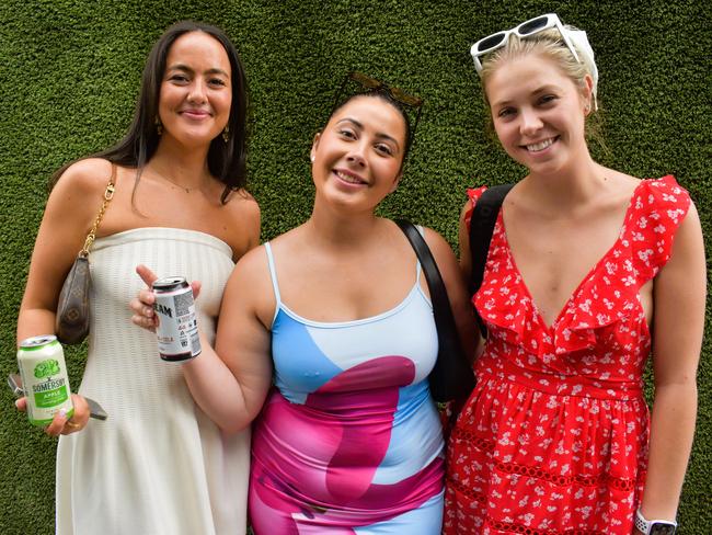 Ella Hanley, Layni Stevenson and Kiara Green enjoying all the action at the Ladbrokes Cranbourne Cup on Saturday, November 23, 2024. Picture: Jack Colantuono