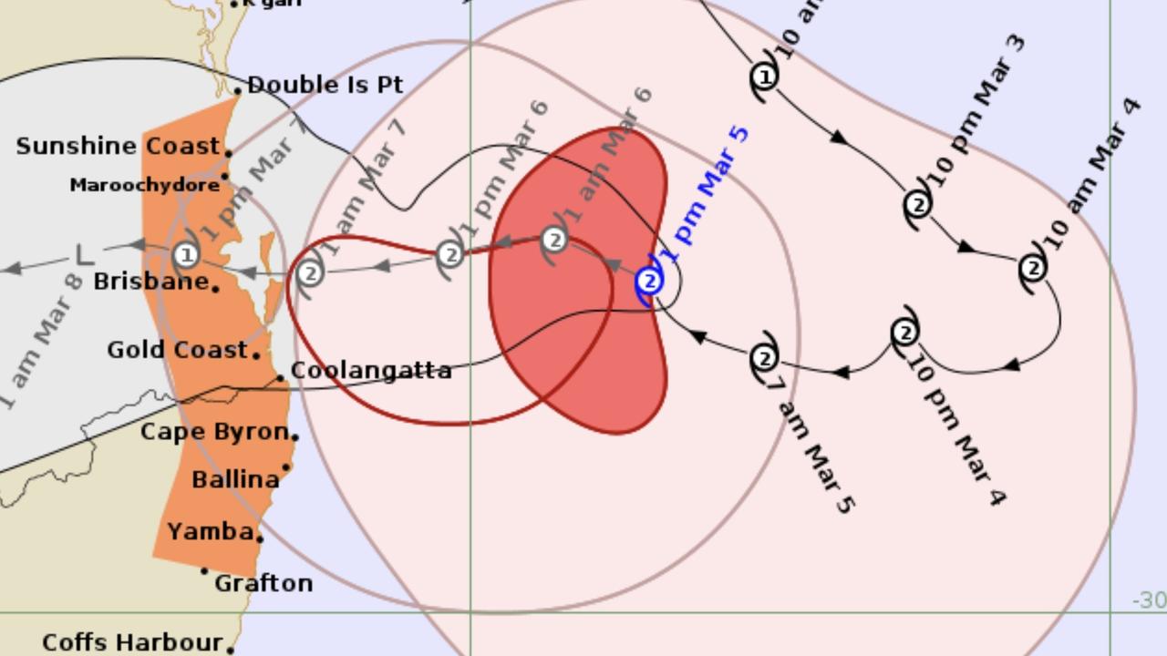 The latest Tropical Cyclone Alfred tracking map, shared on Wednesday afternoon. Picture: Bureau of Meteorology