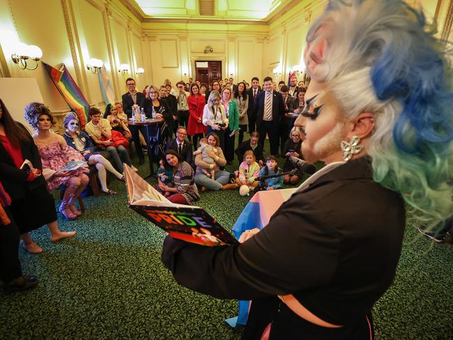 Drag Queens story time reading at Parliament House for IDAHOBIT Day. A Drag Queen reads an inclusive story book some children and parliament staff.                     Picture: David Caird