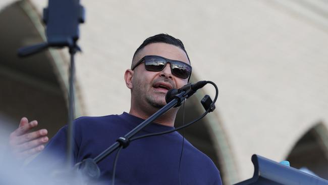 International speaker Khaled Beydoun at Monday’s Hizb ut-Tahrir-associated rally in Sydney’s southwest. Jane Dempster.