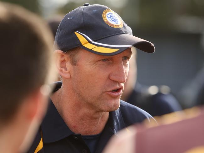 VAFA Footy: Kew v Marcellin played at Victoria Park, High St Kew.Kew coach Ian Aitken addresses his players.Picture: Stuart Milligan