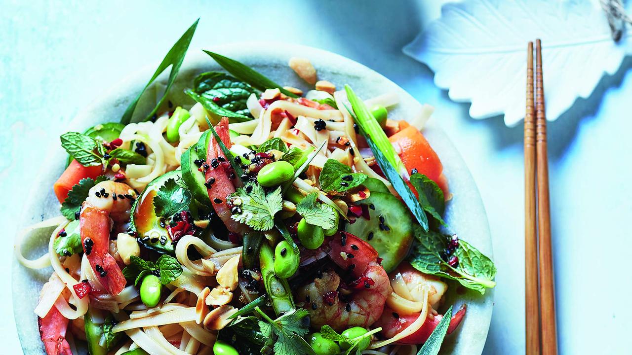 Warm prawn noodle salad, Asian vegetable noodle broth: David Herbert ...