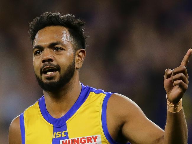 PERTH, AUSTRALIA - SEPTEMBER 05: Willie Rioli of the Eagles celebrates after scoring a goal during the AFL 1st Elimination Final match between the West Coast Eagles and the Essendon Bombers at Optus Stadium on September 05, 2019 in Perth, Australia. (Photo by Will Russell/AFL Photos via Getty Images)