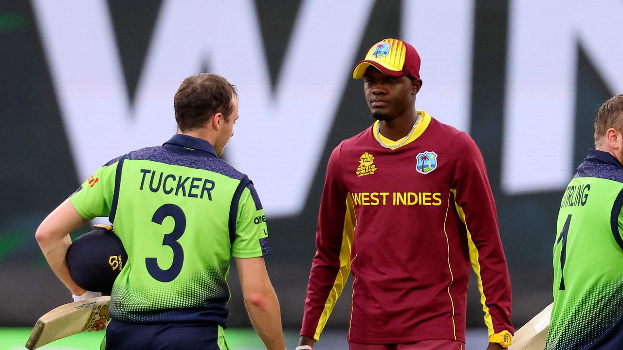 Lorcan Tucker walks off the field after an Irish victory in the ICC men’s Twenty20 World Cup over the West Indies at Bellerive Oval in 2022. Picture: David Gray / AFP.