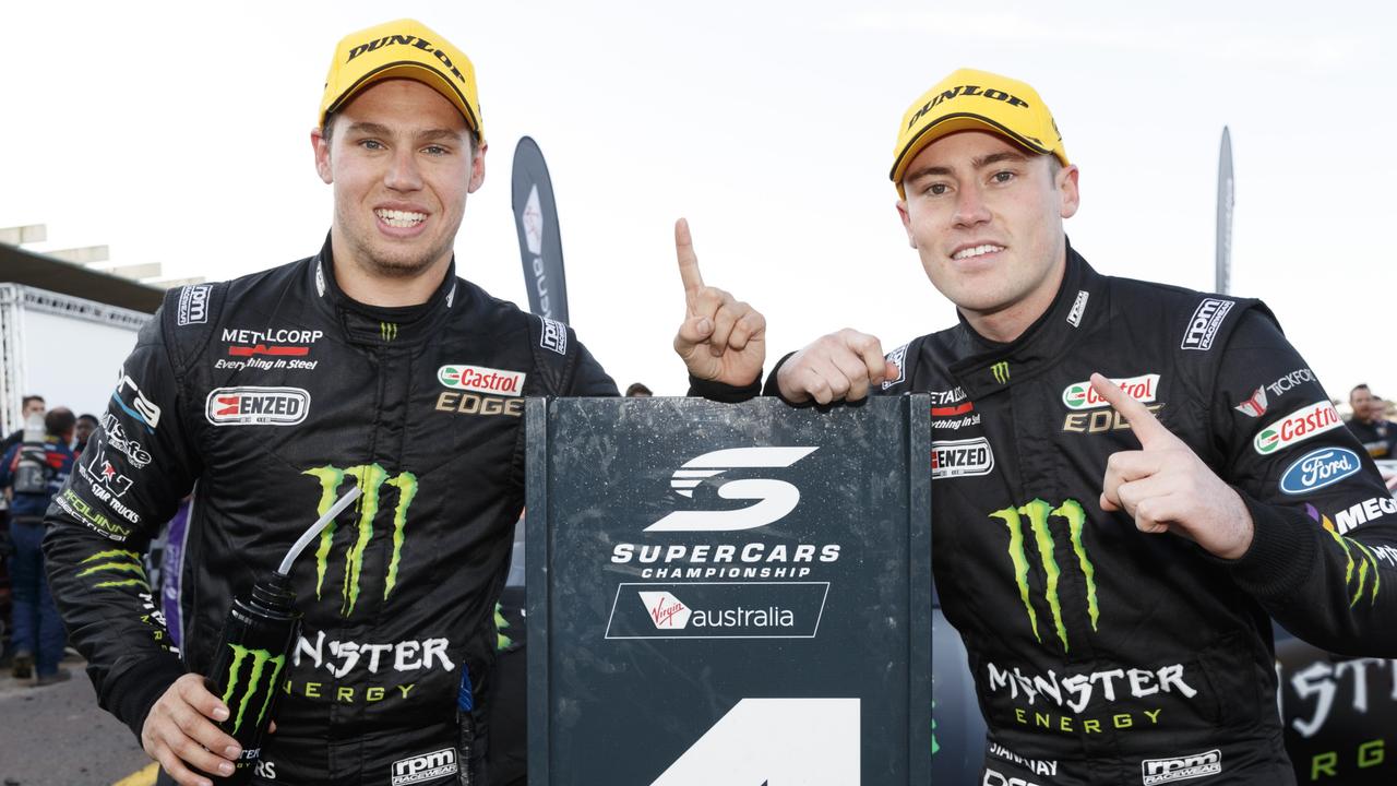 Cam Waters and Richie Stanaway of Prodrive Racing Australia after winning the 2017 Sandown 500.