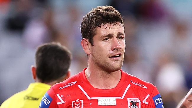 SYDNEY, AUSTRALIA - JUNE 14:  Andrew McCullough of the Dragons shows his frustration during the round 14 NRL match between the Canterbury Bulldogs and the St George Illawarra Dragons at Stadium Australia, on June 14, 2021, in Sydney, Australia. (Photo by Mark Kolbe/Getty Images)