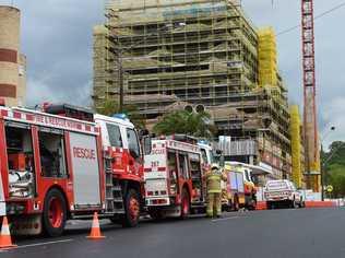 Emergency services at the Lismore Base Hospital where scaffolding collapsed during a storm. Photo Marc Stapelberg / The Northern Star. Picture: Marc Stapelberg