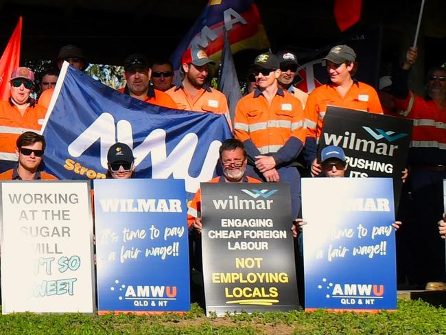 Unionised employees from Wilmar Sugar and Renewables’ Victoria and Macknade mills in Herbert River on strike in Ingham on Tuesday morning. Picture: Cameron Bates