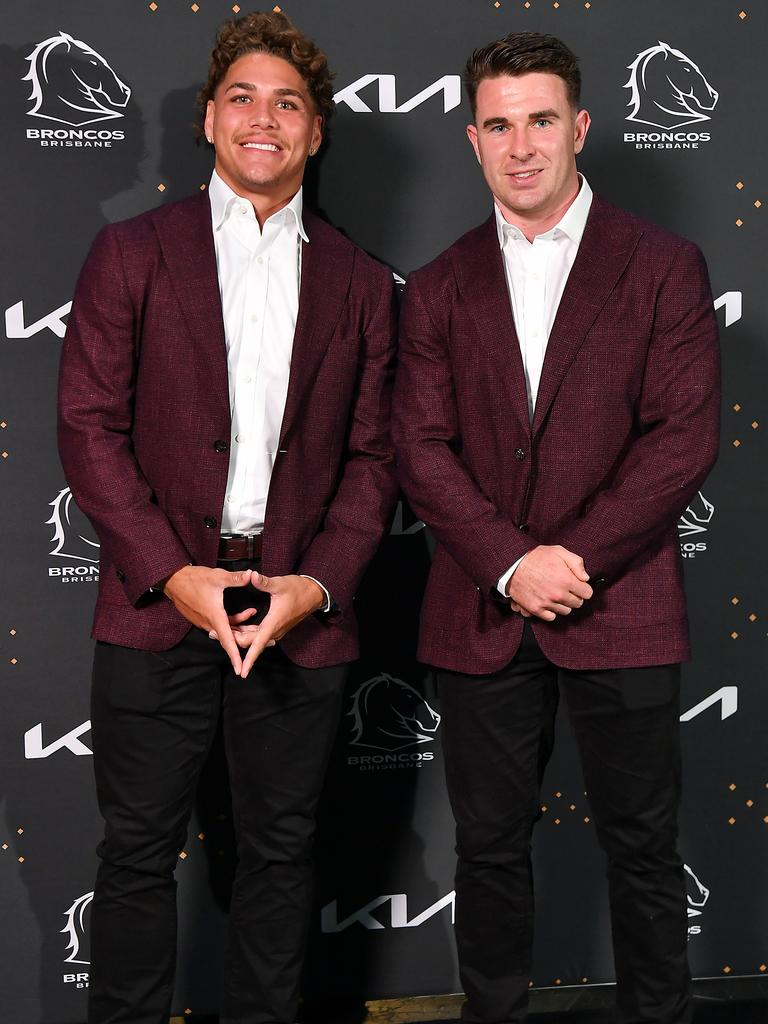 Reece Walsh and Jock Madden at the Broncos’ 2025 season launch at The Star Brisbane. Picture: John Gass