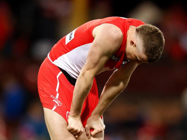 Chad Warner of the Swans looks dejected after a loss. Picture: Michael Willson/AFL Photos via Getty Images.