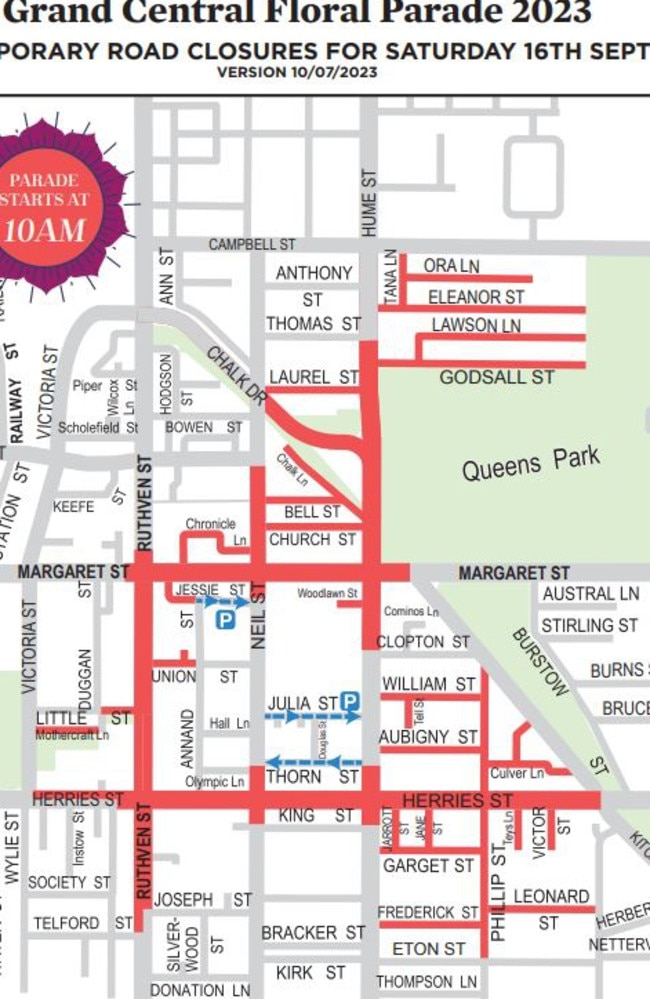 Road closure map for the 2023 Carnival of Flowers Grand Central parade.