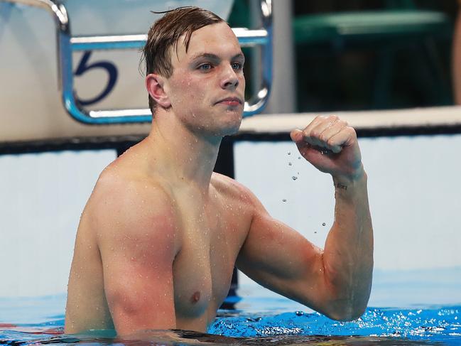 Australia's Kyle Chalmers celebrates winning the Gold medal in the Men's 100m Freestyle Final on day five of the swimming at the Rio 2016 Olympic Games. Picture. Phil Hillyard