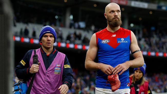MELBOURNE, AUSTRALIA - JUNE 13: Max Gawn of the Demons looks on during the 2022 AFL Round 13 match between the Collingwood Magpies and the Melbourne Demons at the Melbourne Cricket Ground on June 13, 2022 in Melbourne, Australia. (Photo by Dylan Burns/AFL Photos via Getty Images)