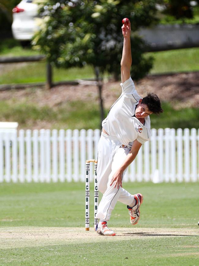 Action from the game between Brisbane Boys College and Toowoomba Grammar. TGS's Jem Ryan bowls. Picture: Tertius Pickard