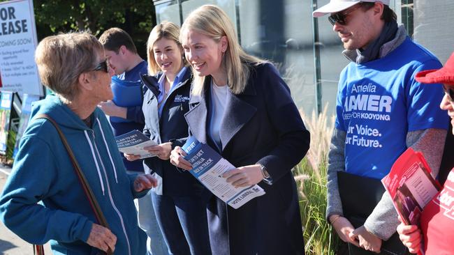 Liberal candidate for Kooyong Amelia Hamer campaigning outside a polling booth in Kew. Picture: NewsWire/ David Crosling