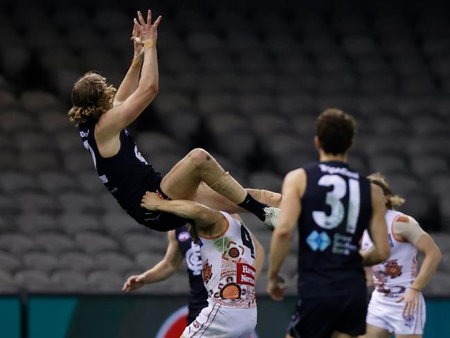 De Koning was concussed after taking a screamer over Toby Greene. (Photo by Michael Willson/AFL Photos via Getty Images)