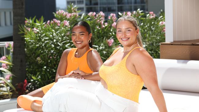 Riley Hemson is releasing a new swimwear collection under her brand Remmie by Riley at a runway show at Cali Beach club on December 3. Riley Hemson with model Rheanna Wells. Picture: Glenn Hampson