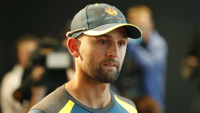 Nathan Lyon arrives for a press conference at Manuka Oval earlier this week. Picture: Getty Images