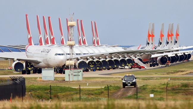 Qantas, Virgin and Jetstar jets grounded at Avalon airport during the COVID-19 pandemic. Picture: Aaron Francis/The Australian.